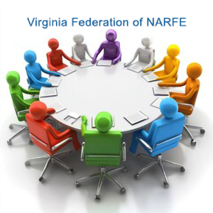 A round table with people coded in different colors sitting around in office chairs, showing a meeting of the Virginia Federation of NARFE