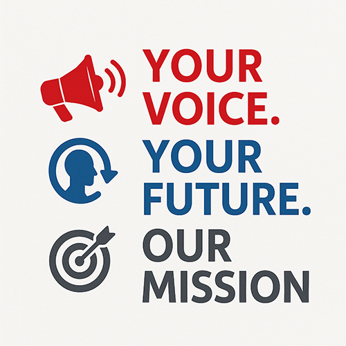 Icon with a Megaphone, Persons head, and target that depicts Your Voice, Your Future, Our Mission