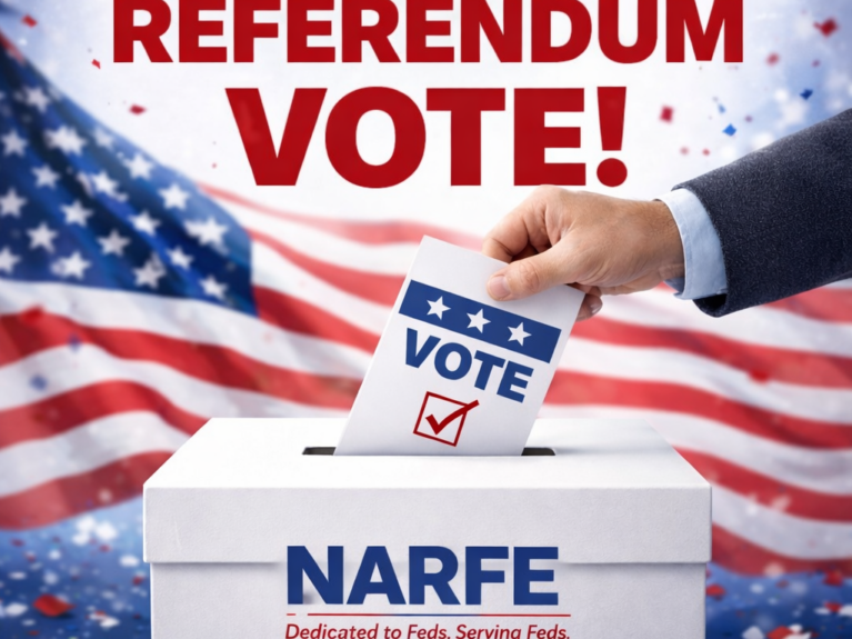 Red, white and blue icon depicting a flag, a ballot box, and a hand entering a ballot with the words signifying an upcoming NARFE Referendum Vote