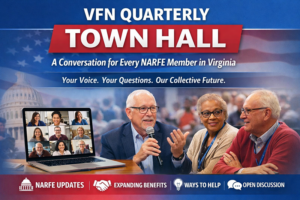 image announcing the VFN Quarterly Town Hall with a few people, a laptop and interesting facts