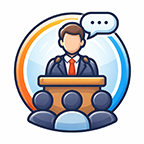 man standing at a podium with people in front of him, a conversation bubble indicates he is speaking