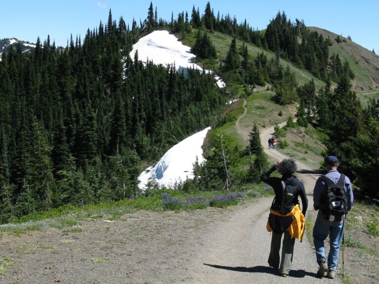 hikers on a trail in the mountains