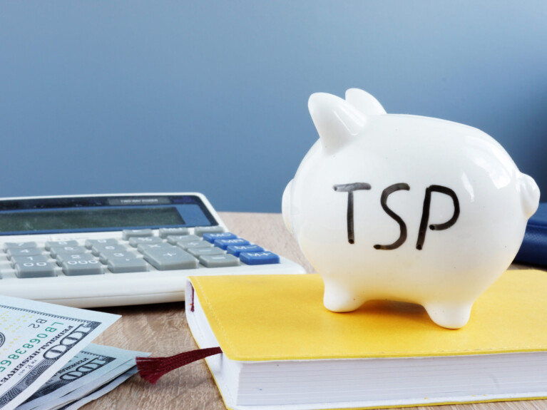 Thrift savings plan TSP written on a piggy bank.